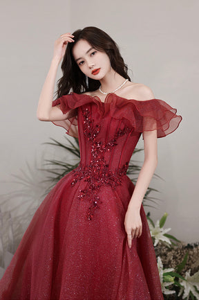 Burgundy Lace Long A-Line Prom Dress, Off the Shoulder Evening Party Dress