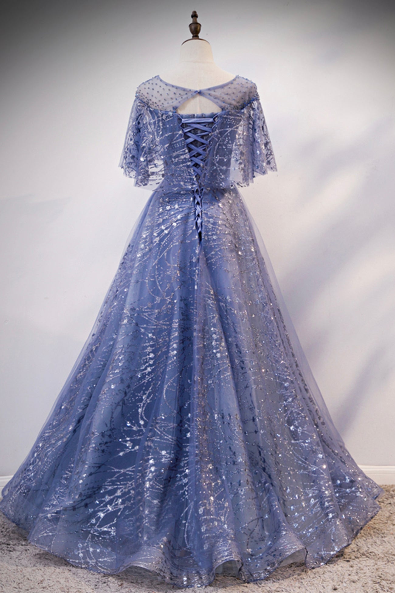 Blue Scoop Neckline Tulle Long Prom Dress, Shiny A-Line Formal Evening Dress