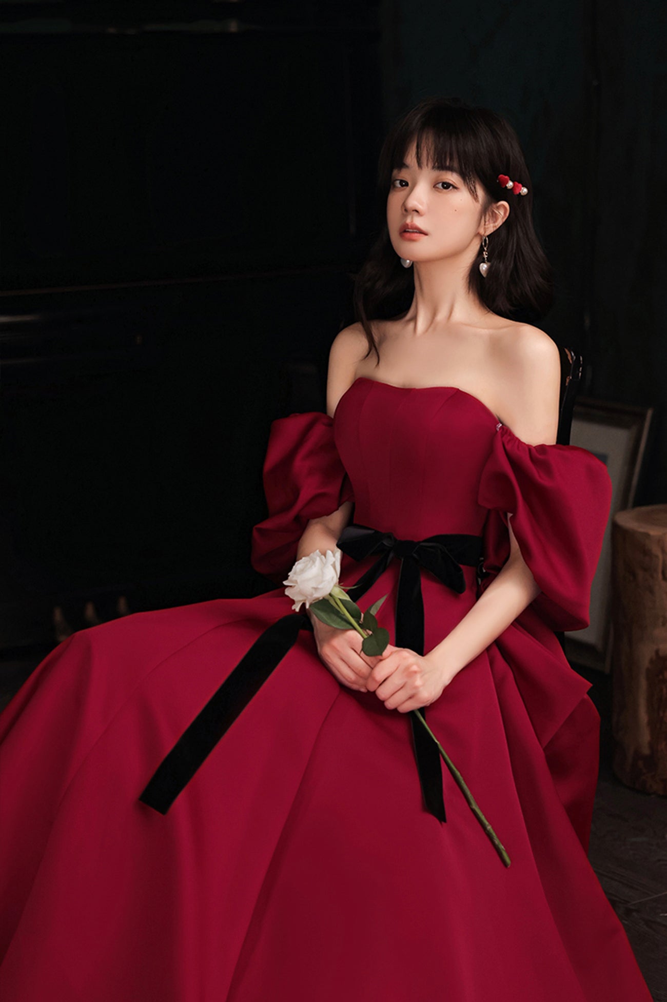 Burgundy Satin Long A-Line Prom Dress, Burgundy Off the Shoulder Evening Dress