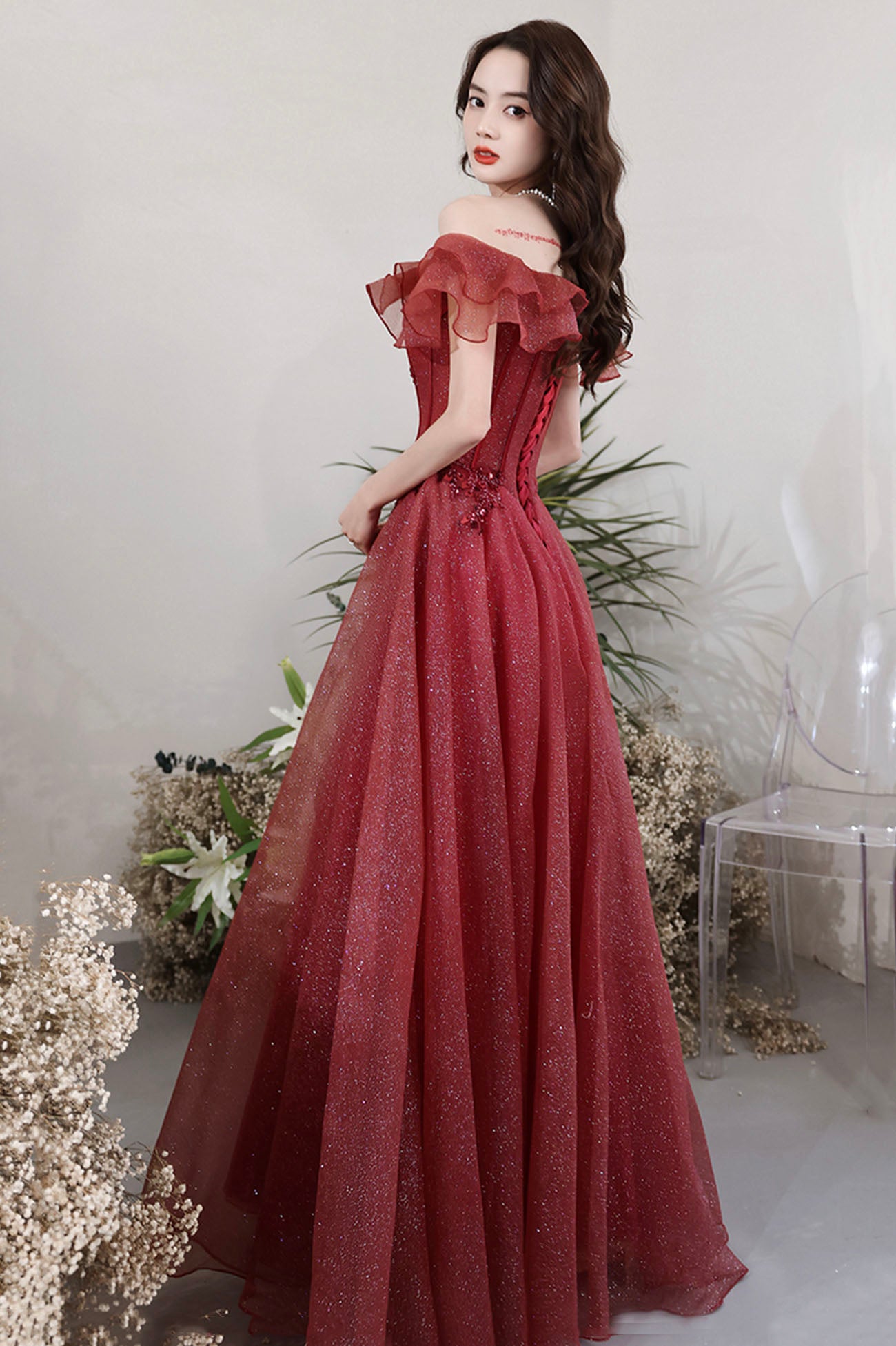 burgundy lace party dress Burgundy V-neckline Tulle Long Sleeves with Lace Prom Dress, Burgundy