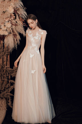 Champagne Tulle Long Prom Dress with Butterfly, A-Line Evening Party Dress