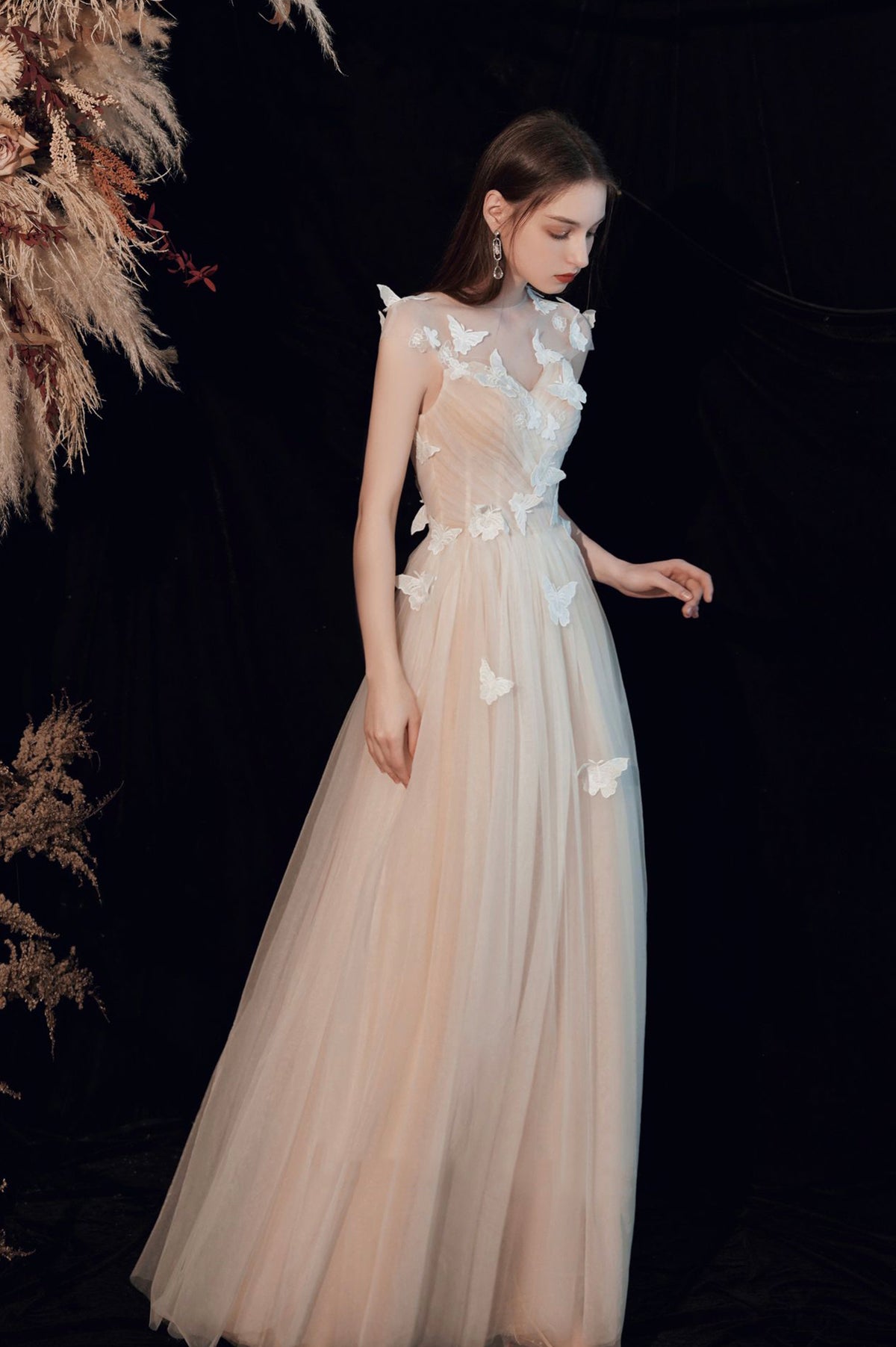 Champagne Tulle Long Prom Dress with Butterfly, A-Line Evening Party Dress