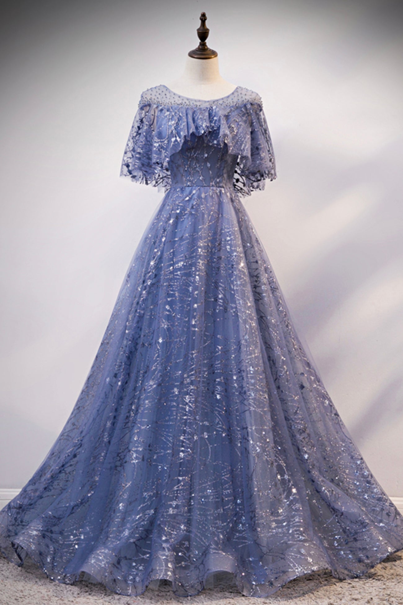 Blue Scoop Neckline Tulle Long Prom Dress, Shiny A-Line Formal Evening Dress