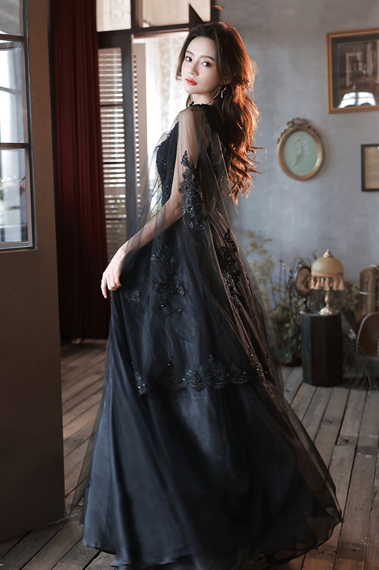 Black V-Neck Lace Long Prom Dress, Black A-Line Evening Party Dress Black V-Neck Lace Long Prom Dress, Black A-Line Evening Party Dress