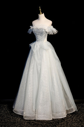 A-Line Tulle Sequins Long Prom Dress, Off the Shoulder Evening Dress