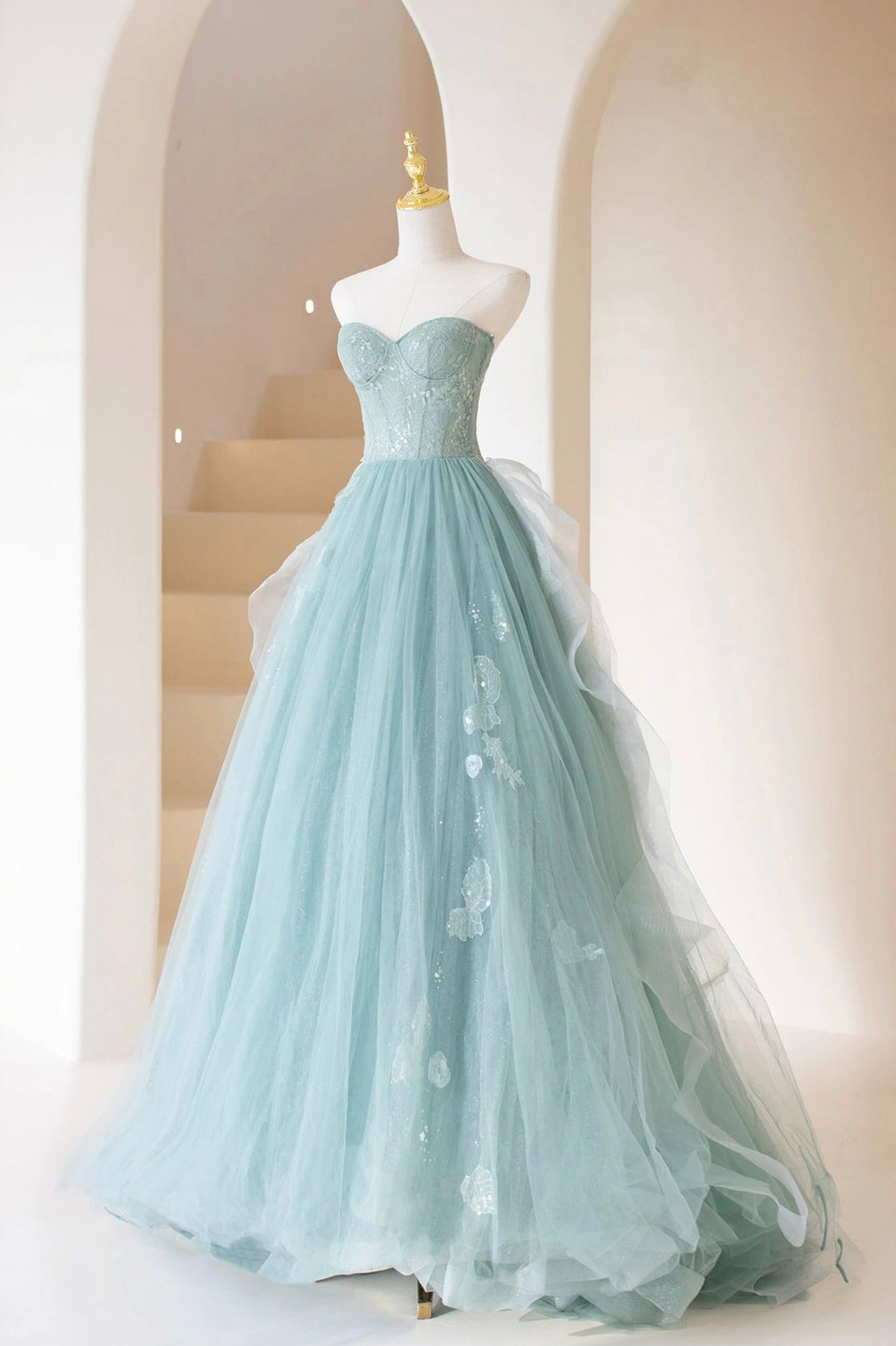 Lovely Sweetheart Neckline Tulle Long Prom Dress with Lace, Beautiful Strapless Evening Dress