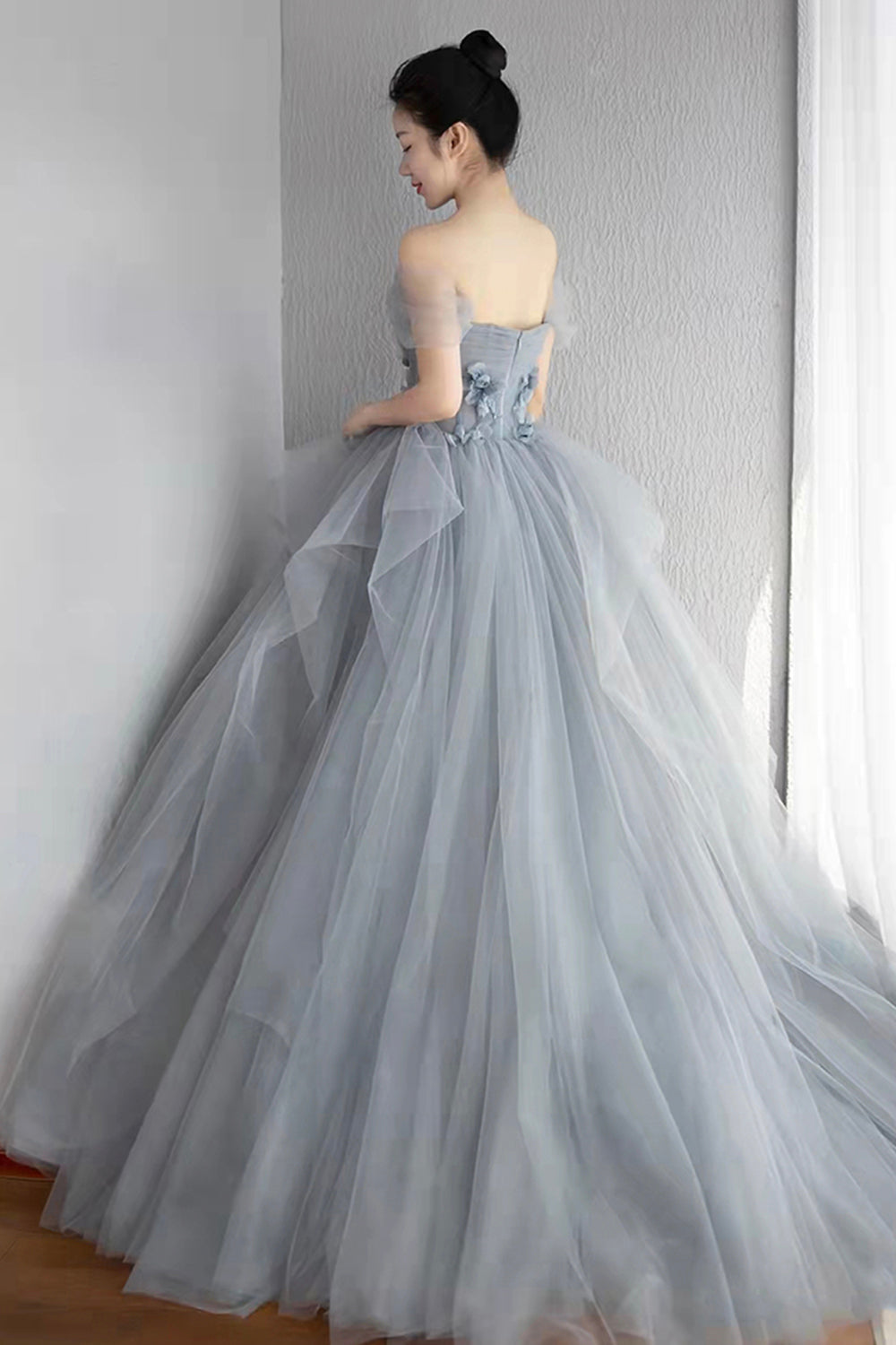 Gray Tulle Layers Long Prom Dress, A-Line Strapless Formal Evening Dress