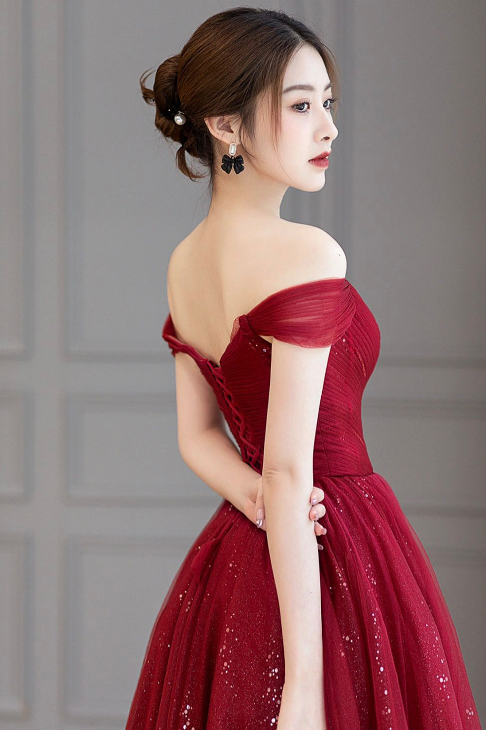 Burgundy Off the Shoulder Long Prom Dress, Elegant Tulle Formal Evenin Burgundy Off the Shoulder Long Prom Dress, Elegant Tulle Formal Evenin