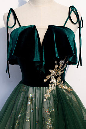 Green Tulle Long A-Line Prom Dress, Green Spaghetti Straps Graduation Dress