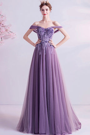 Purple Lace Long A-Line Prom Dress, Off the Shoulder Floor Length Formal Dress