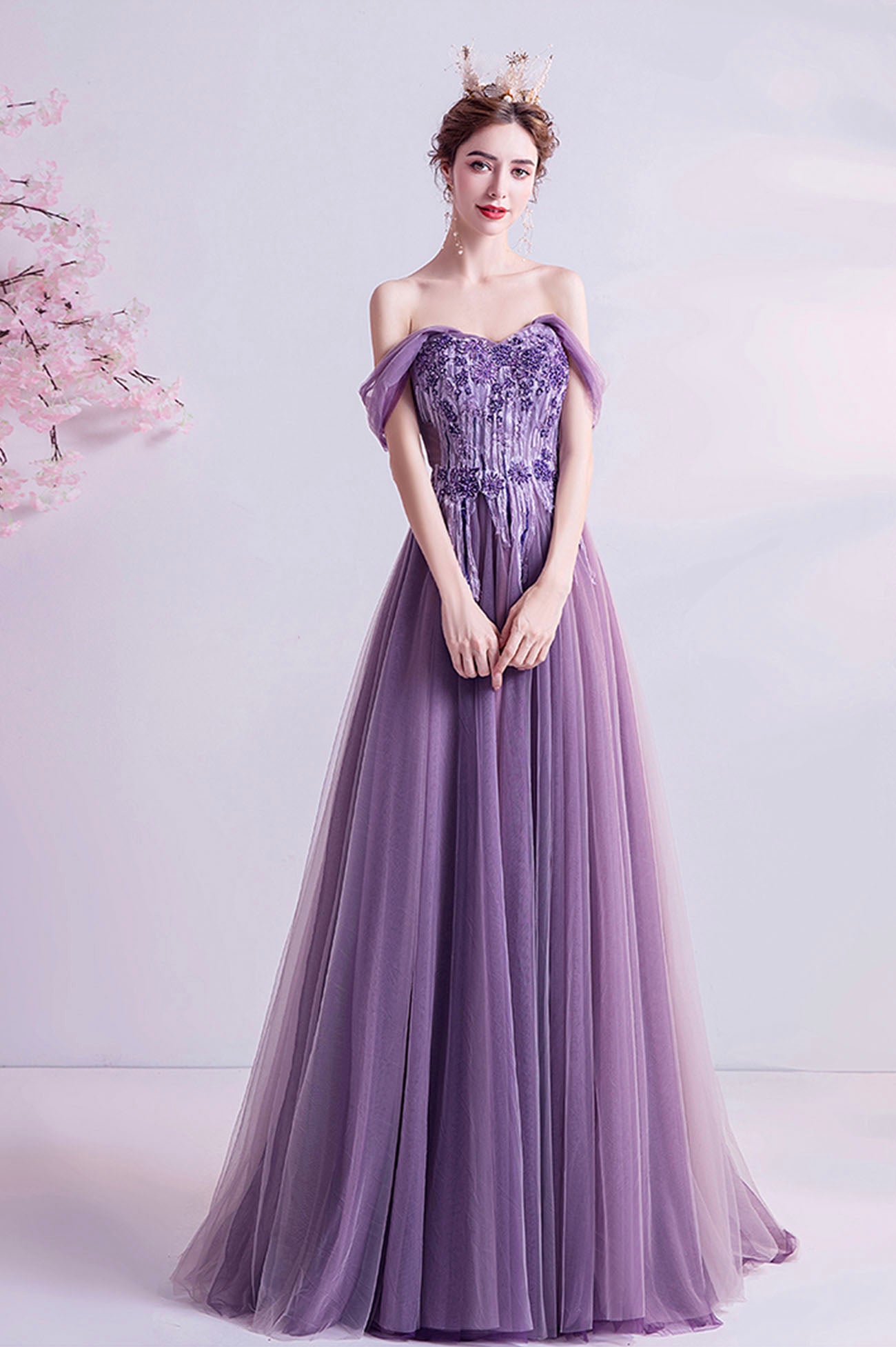 Purple Lace Long A-Line Prom Dress, Off the Shoulder Floor Length Formal Dress