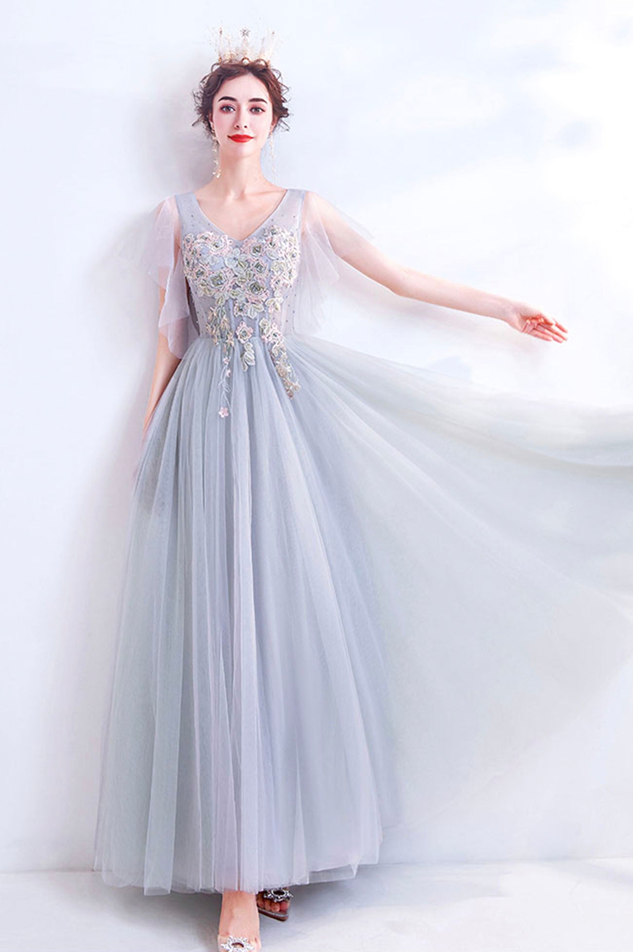 Gray V-Neck Lace Long Formal Dress, A-Line Gray Evening Party Dress