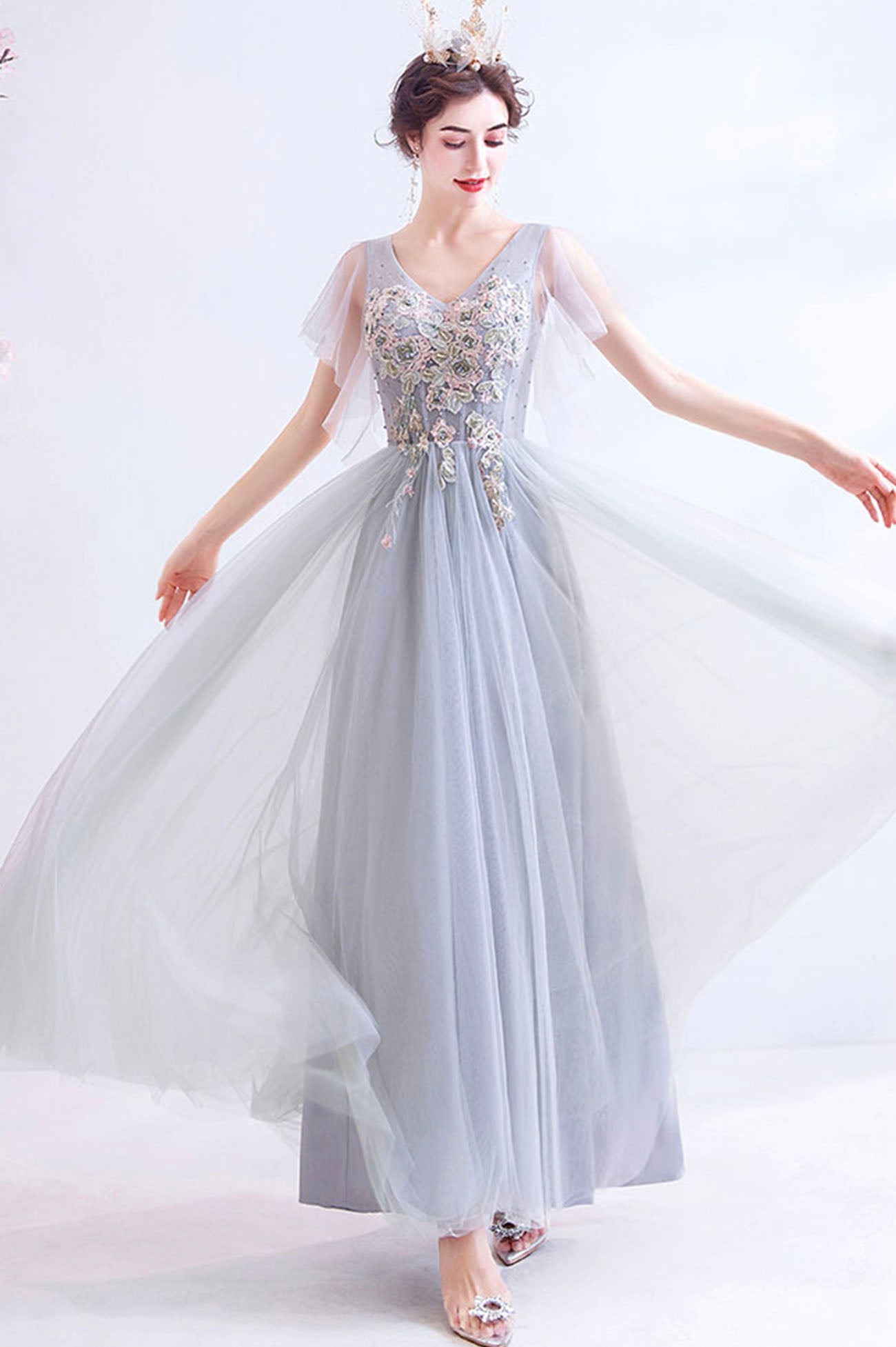 Gray V-Neck Lace Long Formal Dress, A-Line Gray Evening Party Dress