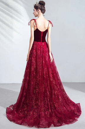 Elegant Spaghetti Strap Long Prom Dress, Velvet and Tulle Formal Dress with Sequins