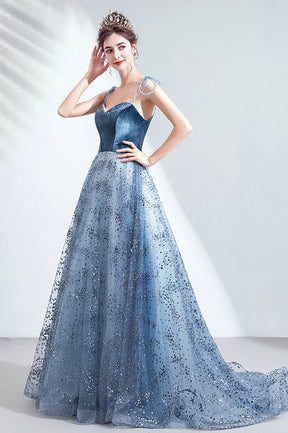 Elegant Spaghetti Strap Long Prom Dress, Velvet and Tulle Formal Dress with Sequins