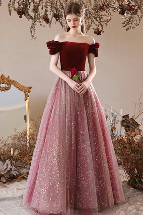 Cute Velvet Tulle Long Prom Dress, A-Line Off the Shoulder Evening Dress