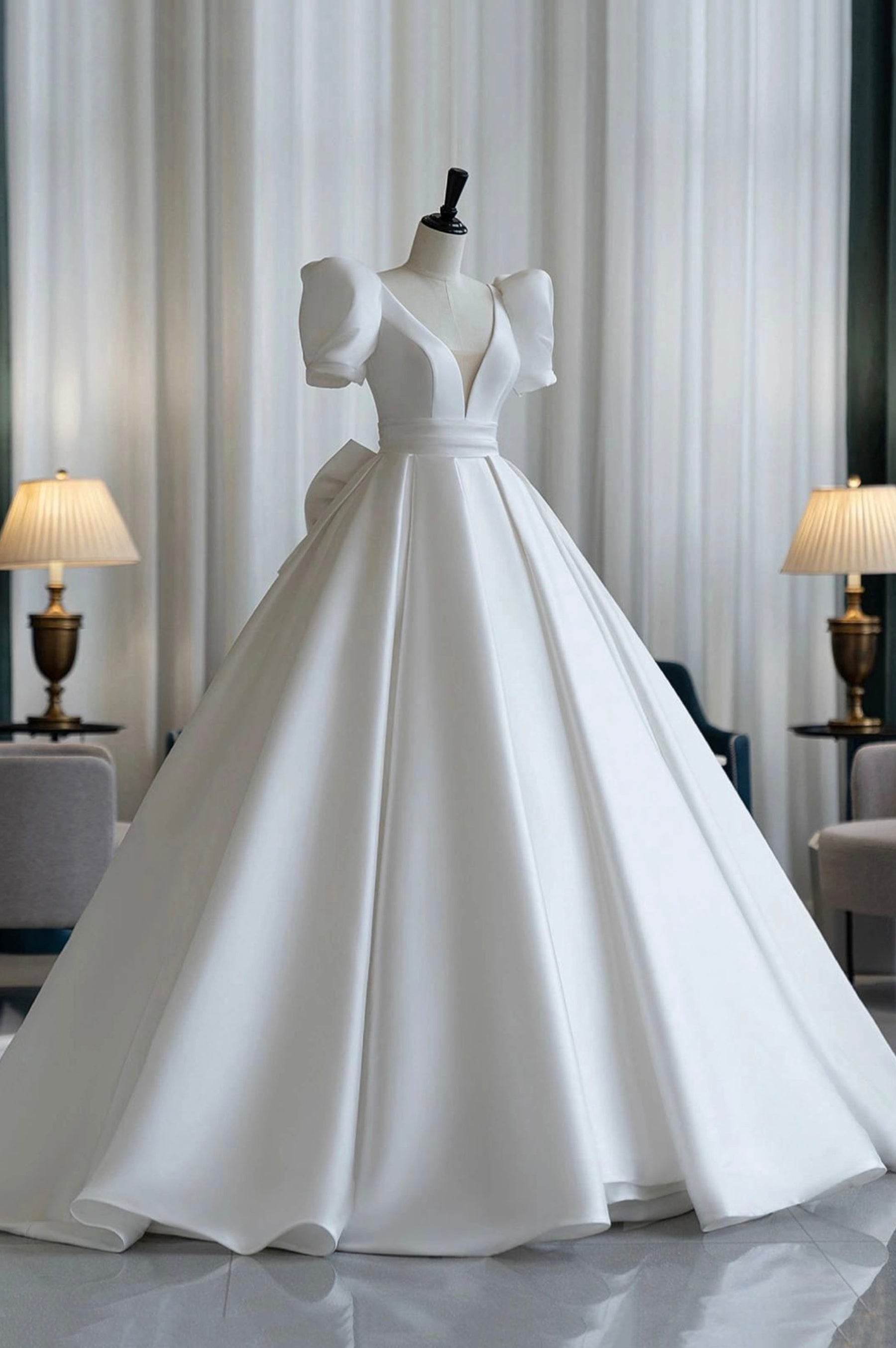 A-Line V-Neck Satin Wedding Dress, White Short Sleeve Bridal Gown with A-Line V-Neck Satin Wedding Dress, White Short Sleeve Bridal Gown with