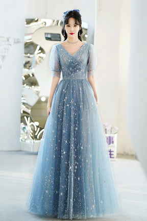 Blue V-Neck Tulle Long A-Line Prom Dress, Blue Evening Graduation Dress