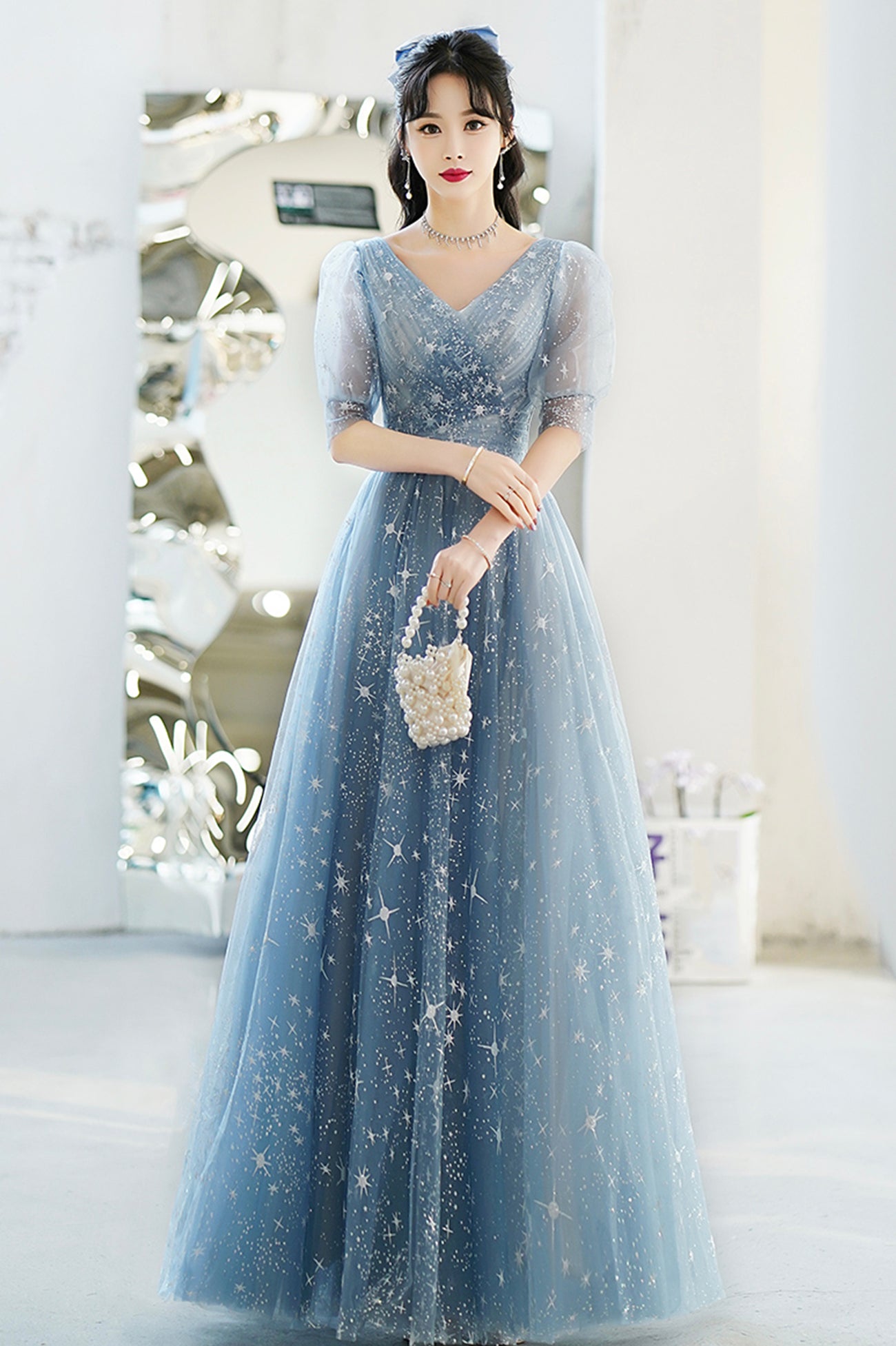Blue V-Neck Tulle Long A-Line Prom Dress, Blue Evening Graduation Dres Blue V-Neck Tulle Long A-Line Prom Dress, Blue Evening Graduation Dres