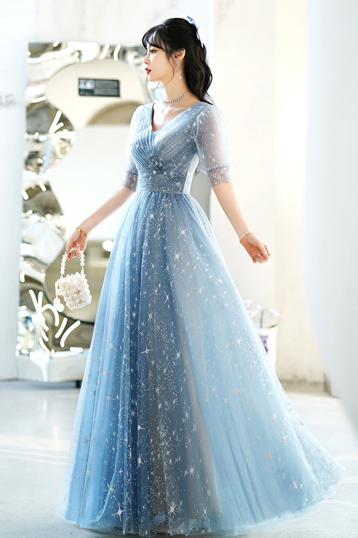 A-Line Tulle Blue Long Evening Prom Dress, Blue Tulle Evening Graduation Dress main image 1