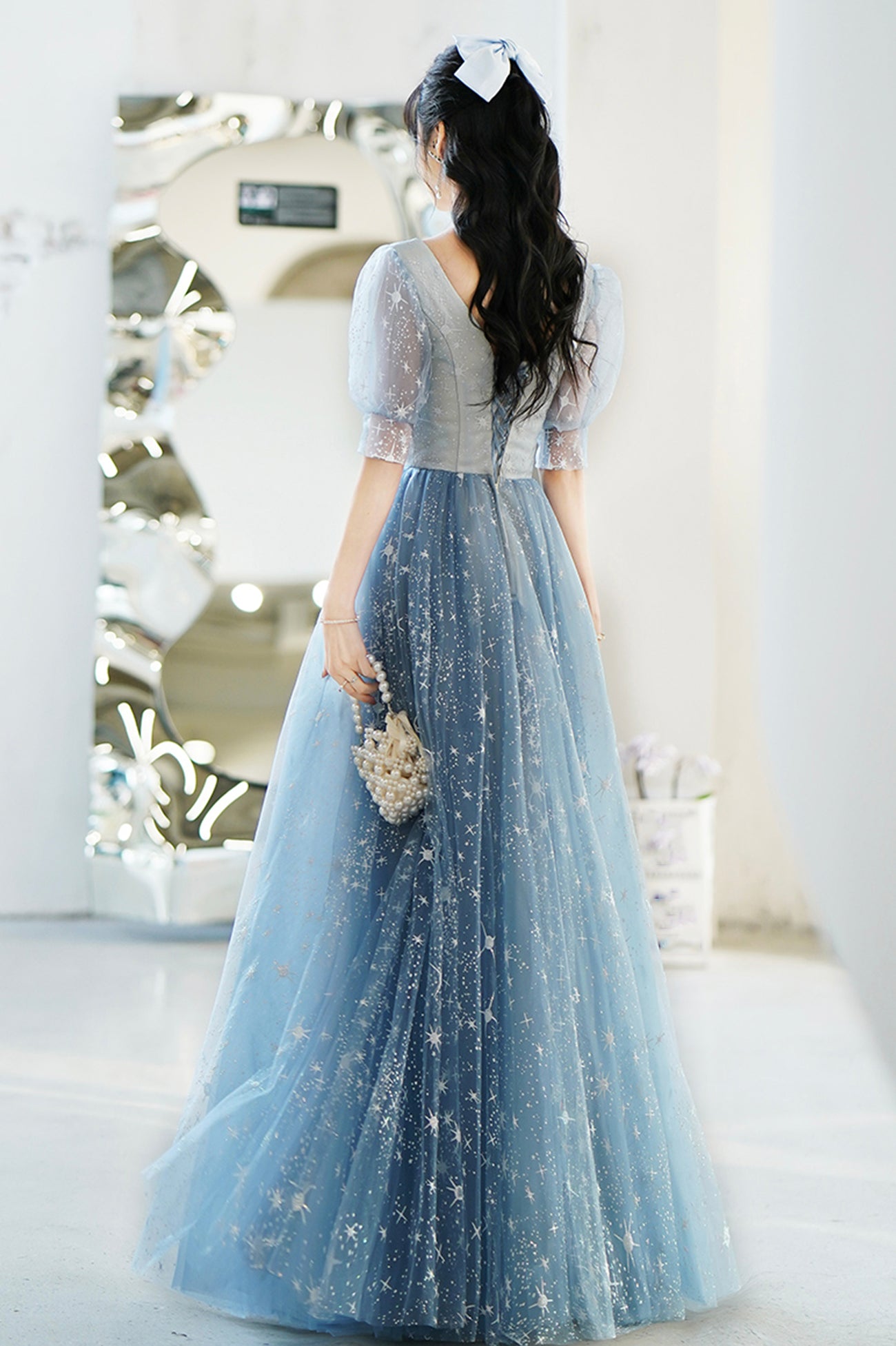 Blue V-Neck Tulle Long A-Line Prom Dress, Blue Evening Graduation Dres Blue V-Neck Tulle Long A-Line Prom Dress, Blue Evening Graduation Dres