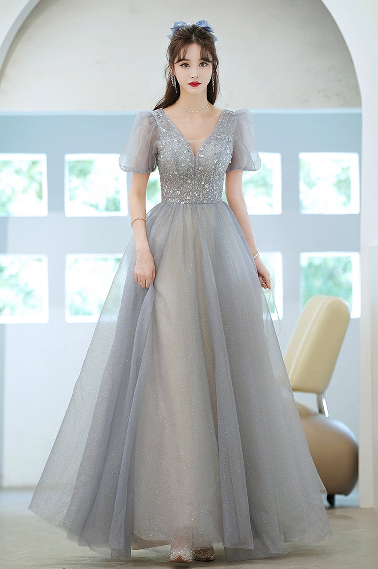 Cute Tulle Floor Length Prom Dress with Beaded, A-Line V-Neck Evening Dress