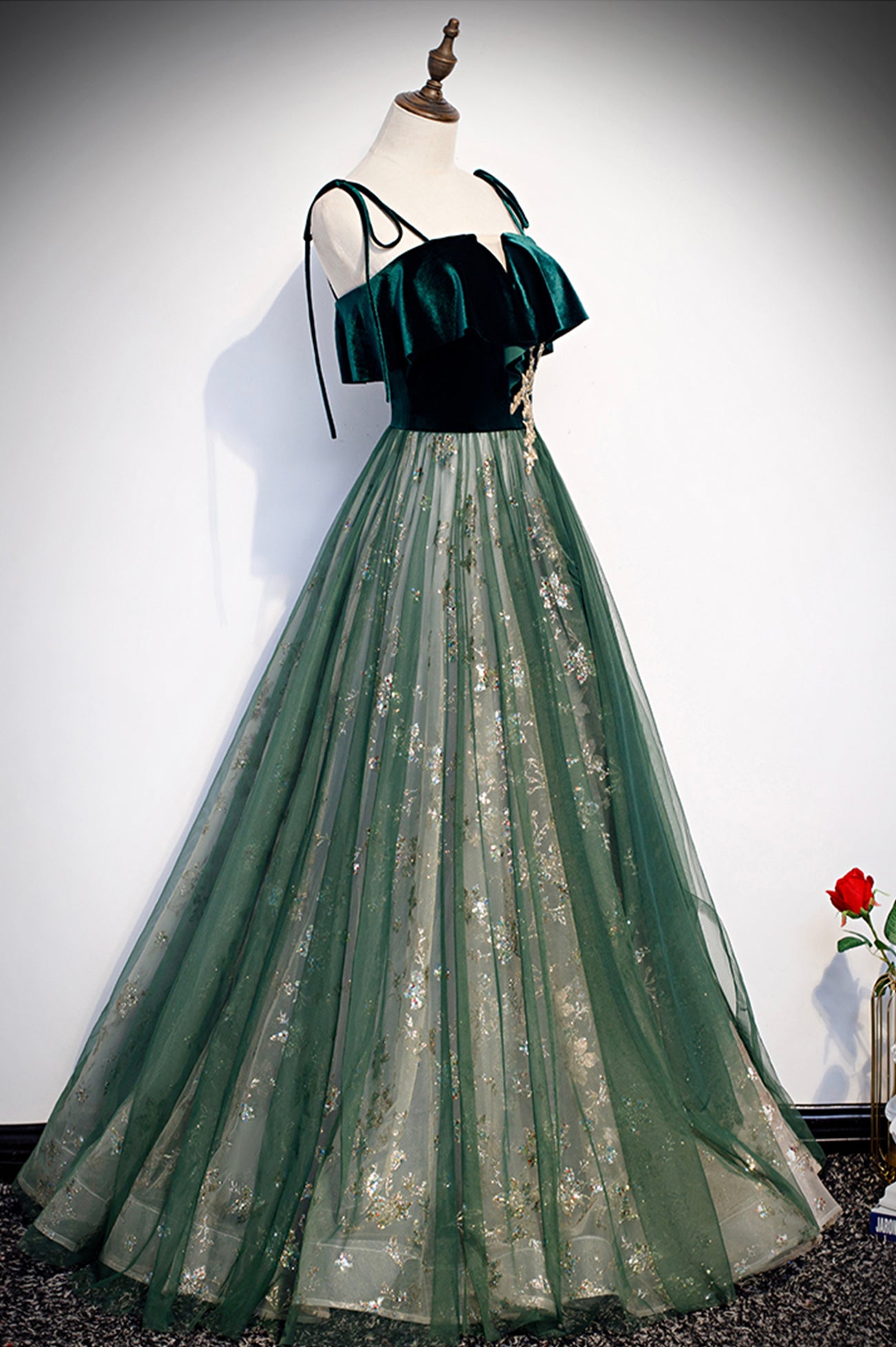 Green Tulle Long A-Line Prom Dress, Green Spaghetti Straps Graduation Dress