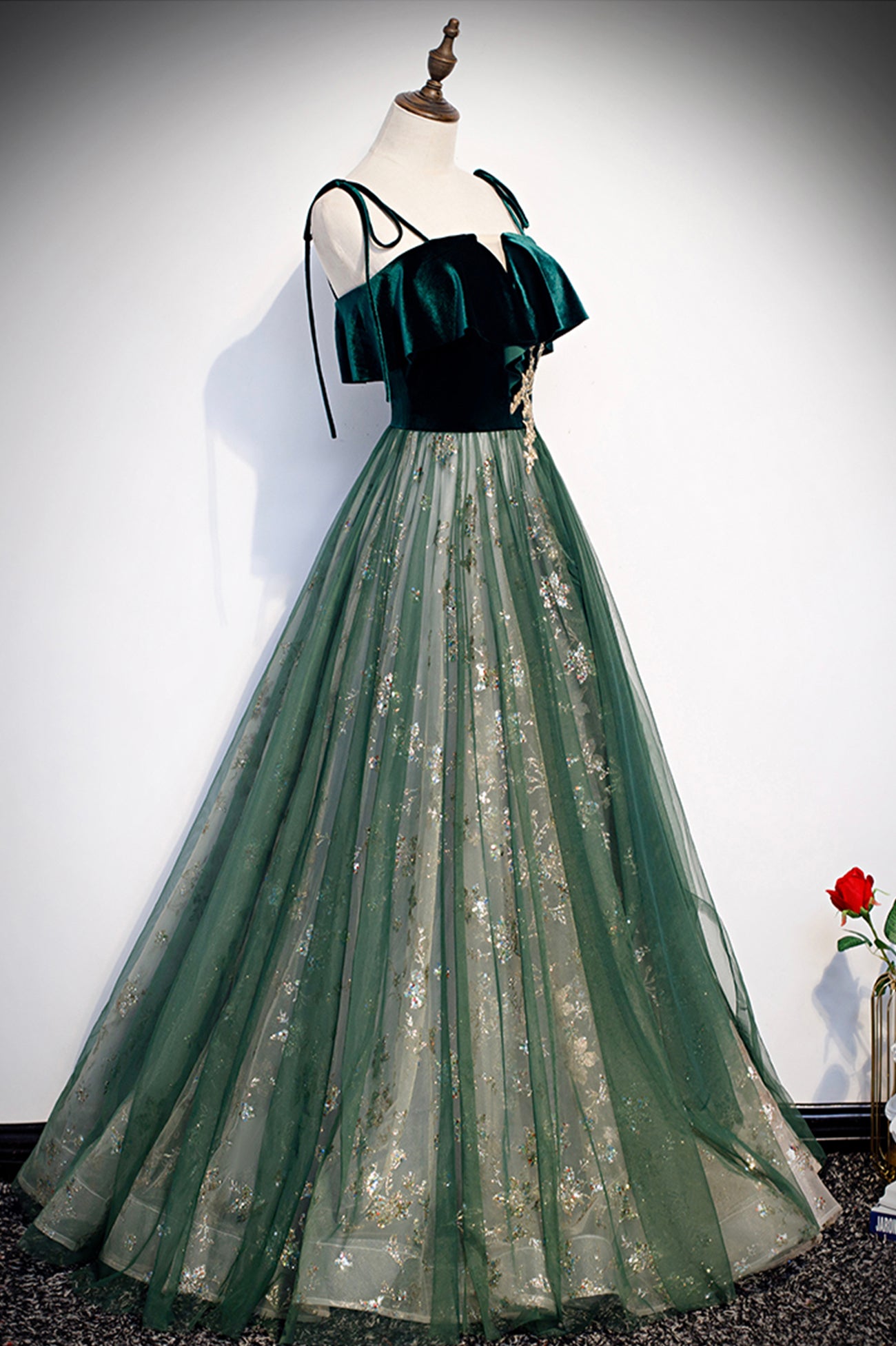 Green Tulle Long A-Line Prom Dress, Green Spaghetti Straps Graduation Green Tulle Long A-Line Prom Dress, Green Spaghetti Straps Graduation