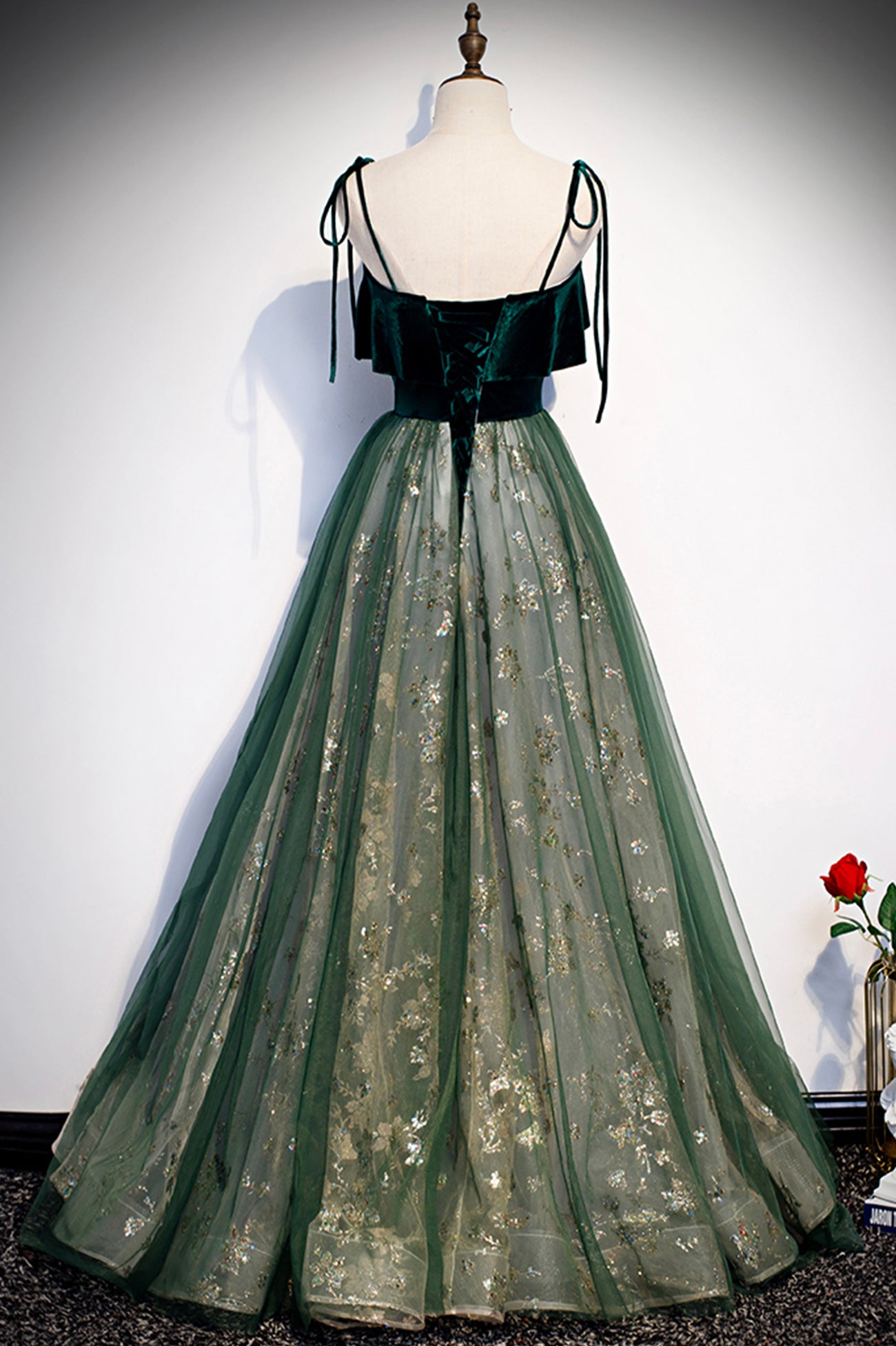 Green Tulle Long A-Line Prom Dress, Green Spaghetti Straps Graduation Green Tulle Long A-Line Prom Dress, Green Spaghetti Straps Graduation