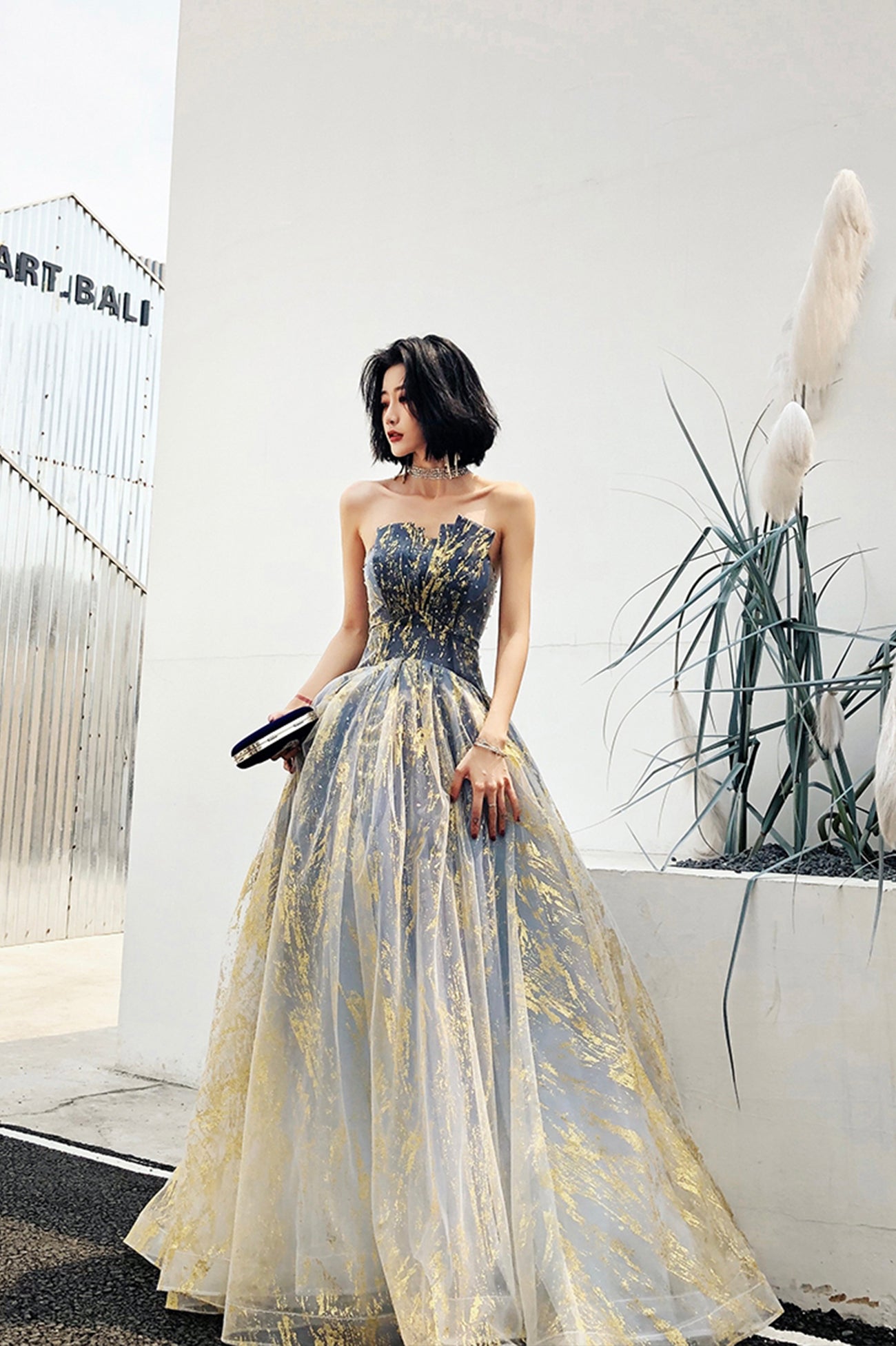 Stylish Tulle Sequins Long Prom Dress, A-Line Strapless Evening Party Dress