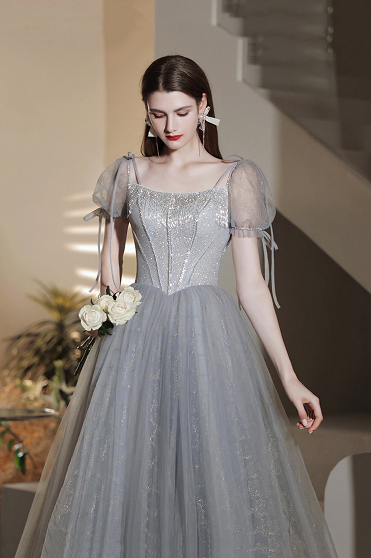 Gray Tulle Sequins Short Prom Dress, A-Line Short Sleeve Homecoming Pa Gray Tulle Sequins Short Prom Dress, A-Line Short Sleeve Homecoming Pa
