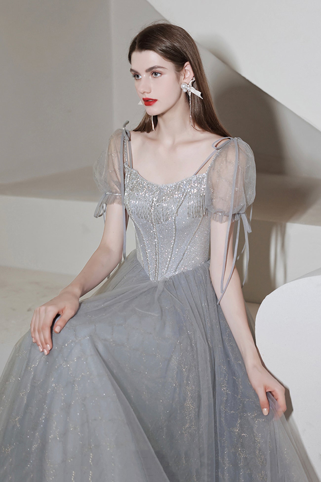 gray short dress for wedding Strapless Short Grey Bridesmaid Dress In Chiffon for Summer Wedding #FN6906
