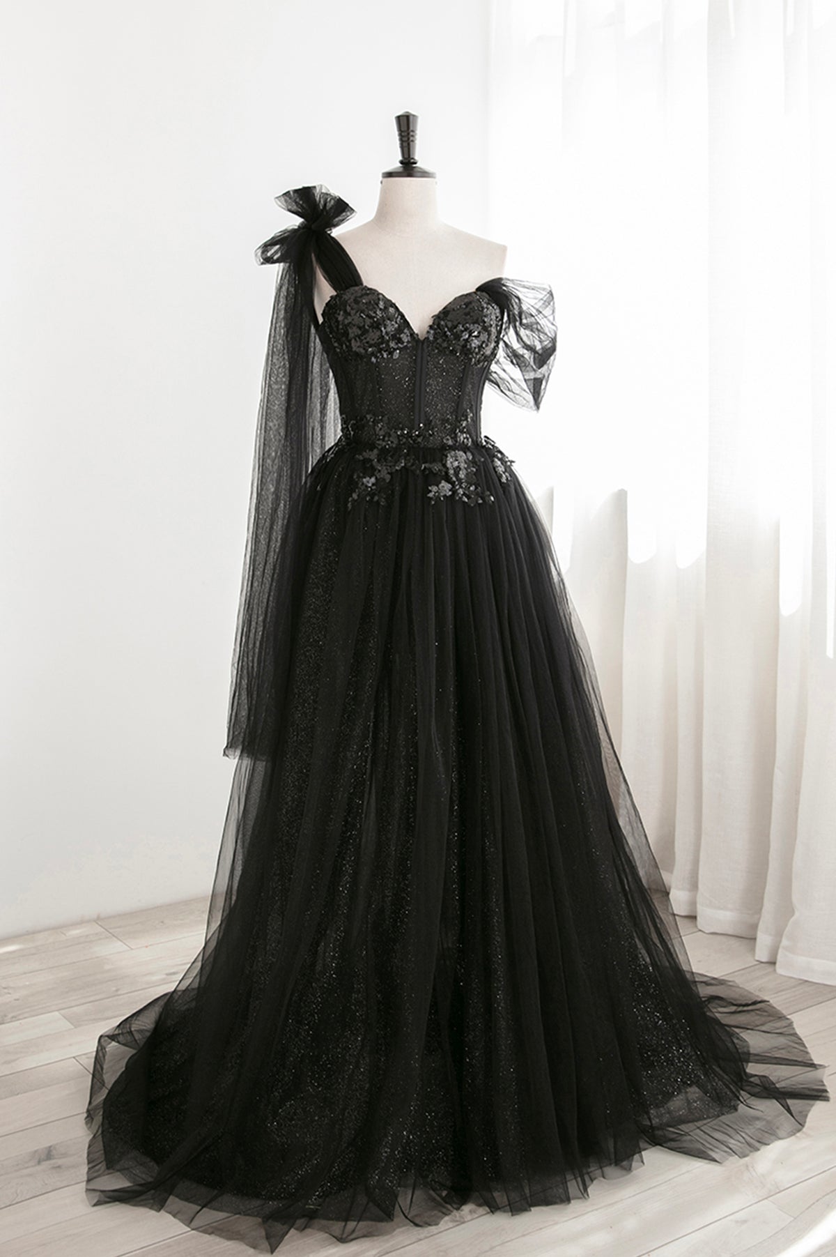 Black Tulle Sequins Long Prom Dress, Black One Shoulder Evening Dress