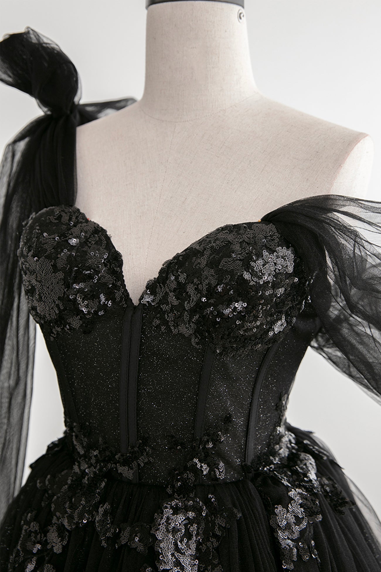 Black Tulle Sequins Long Prom Dress, Black One Shoulder Evening Dress