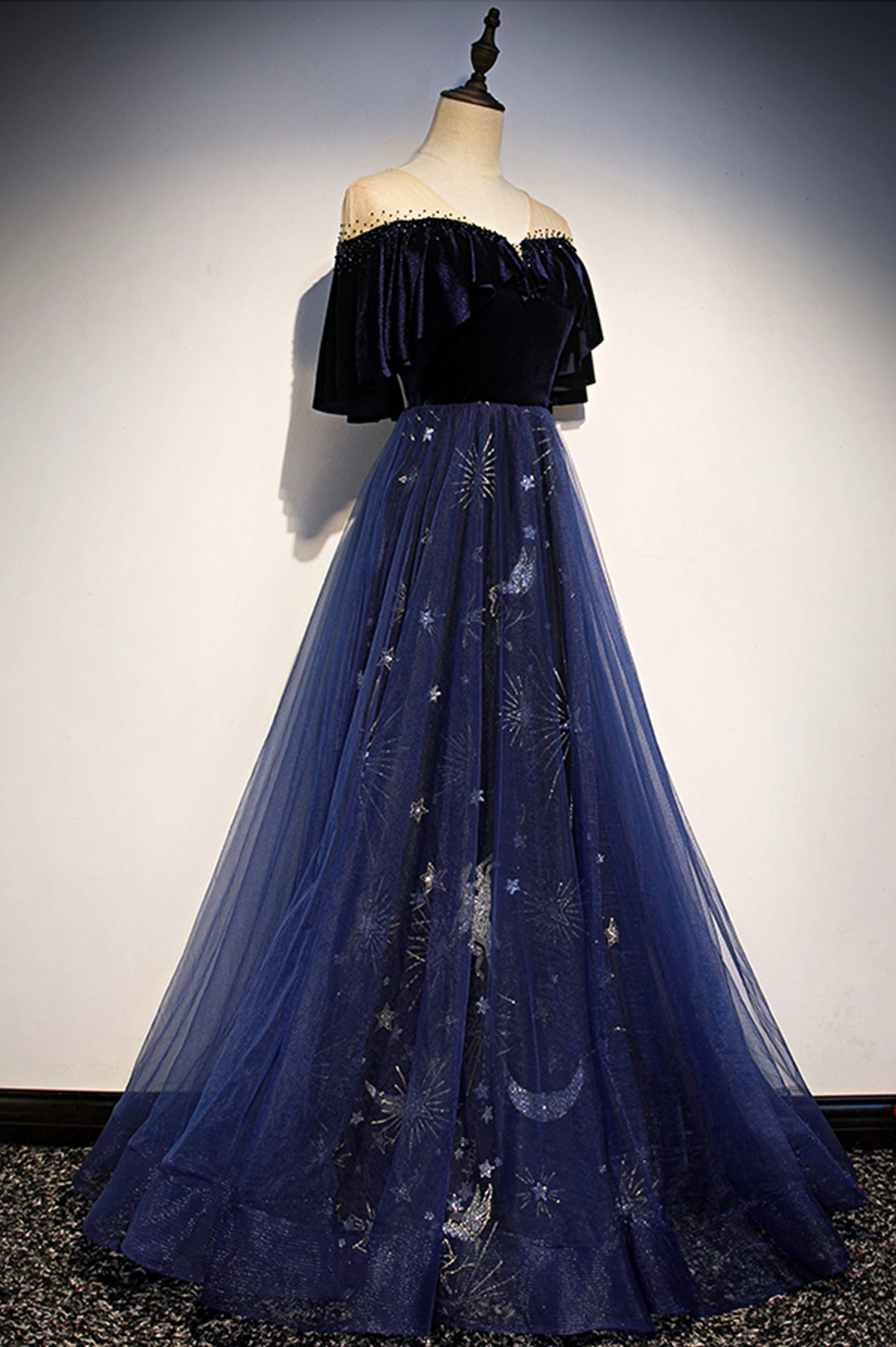 Blue Velvet Tulle Long Prom Dress, A-Line Blue Evening Party Dress