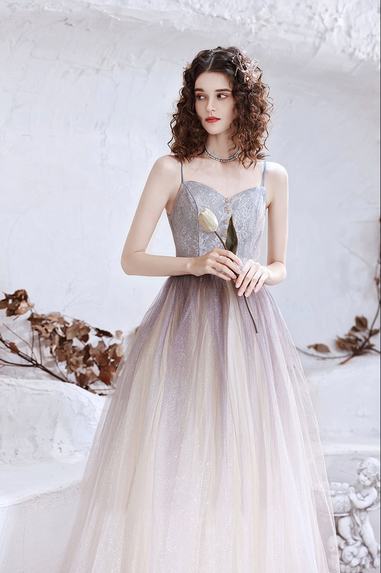 Cute Tulle Long A-Line Prom Dress, Spaghetti Straps Evening Party Dress