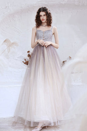 Cute Tulle Long A-Line Prom Dress, Spaghetti Straps Evening Party Dress