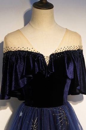 Blue Velvet Tulle Long Prom Dress, A-Line Blue Evening Party Dress