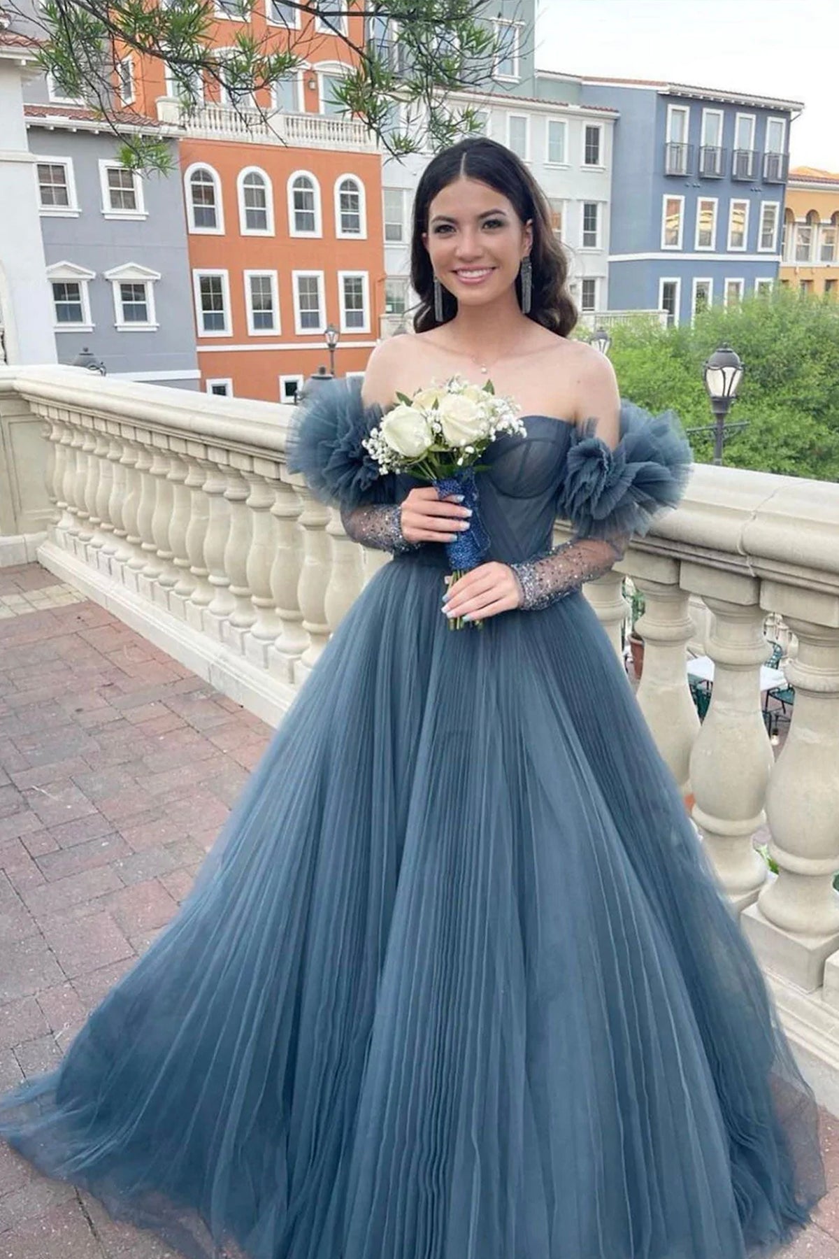 Blue Tulle Long Sleeve Prom Dress, A-Line Off the Shoulder Evening Dress