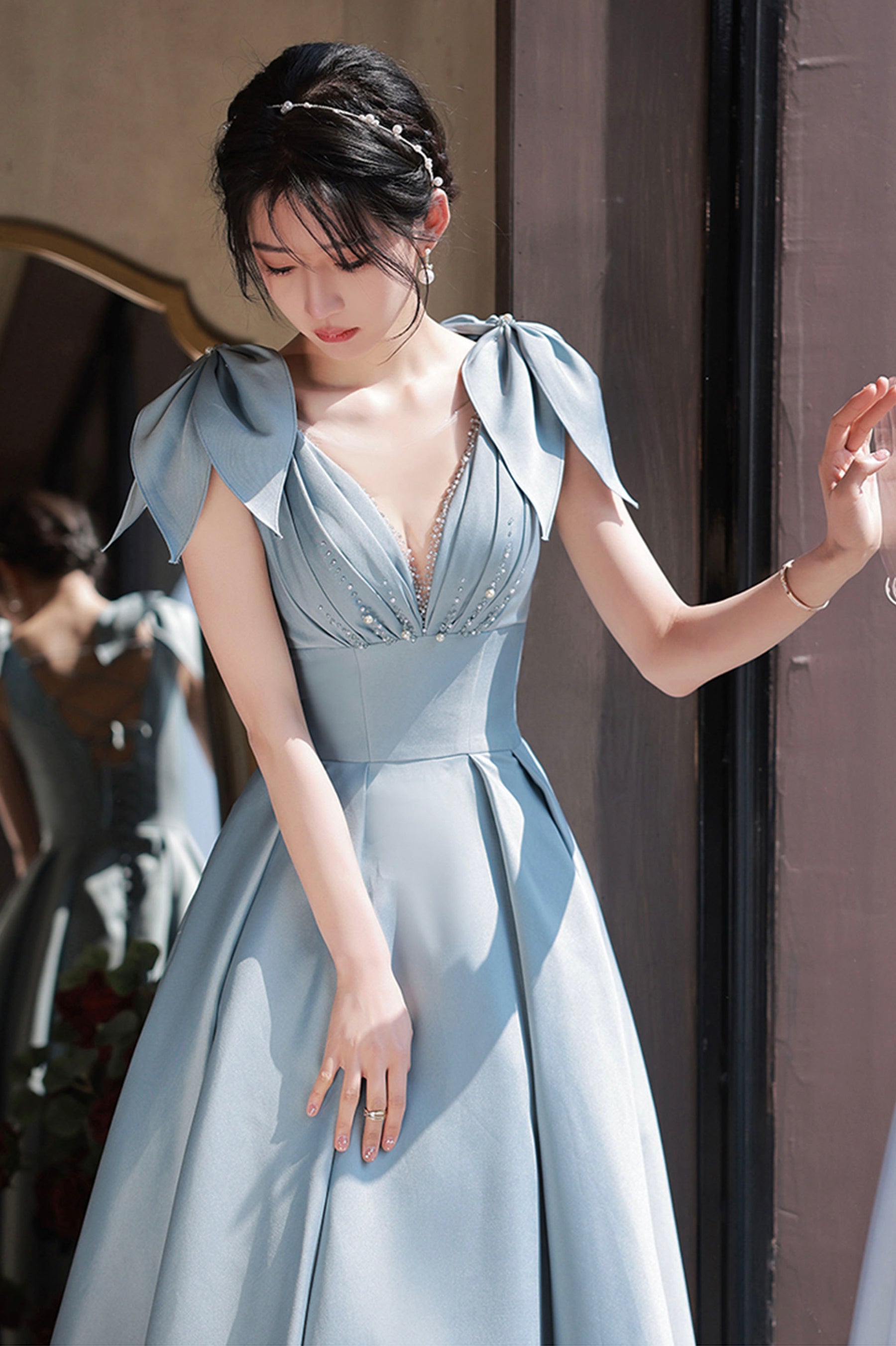 Blue Satin Long A-Line Prom Dress, Lovely Blue Graduation Dress with B Blue Satin Long A-Line Prom Dress, Lovely Blue Graduation Dress with B