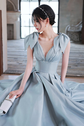 Blue Satin Long A-Line Prom Dress, Lovely Blue Graduation Dress with Bow
