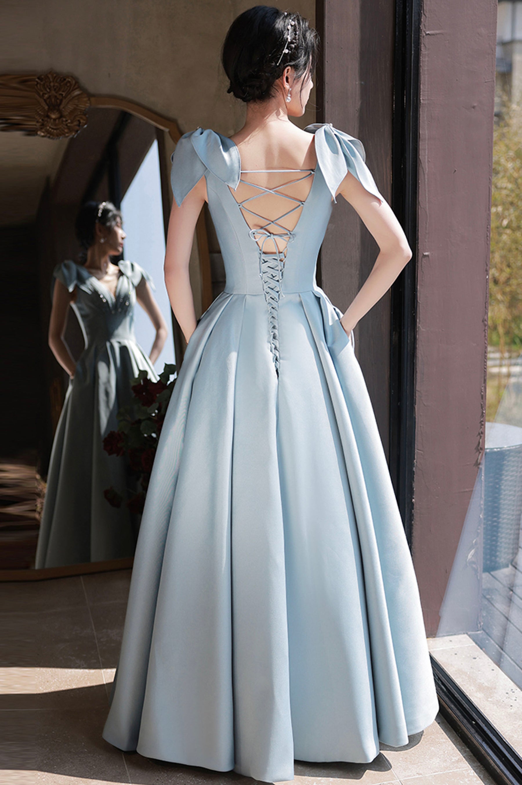 Blue Satin Long A-Line Prom Dress, Lovely Blue Graduation Dress with B Blue Satin Long A-Line Prom Dress, Lovely Blue Graduation Dress with B