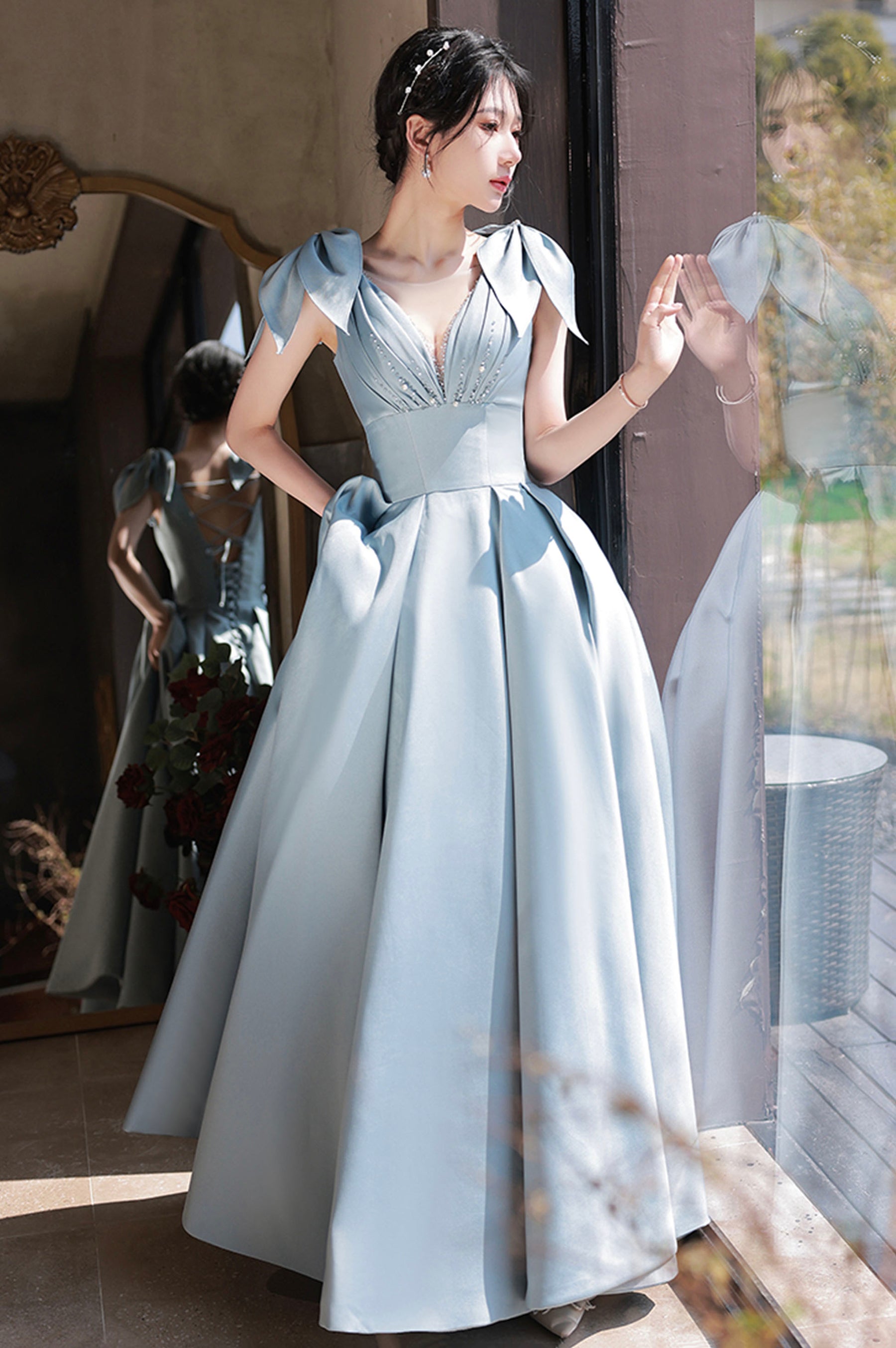 Blue Satin Long A-Line Prom Dress, Lovely Blue Graduation Dress with B Blue Satin Long A-Line Prom Dress, Lovely Blue Graduation Dress with B