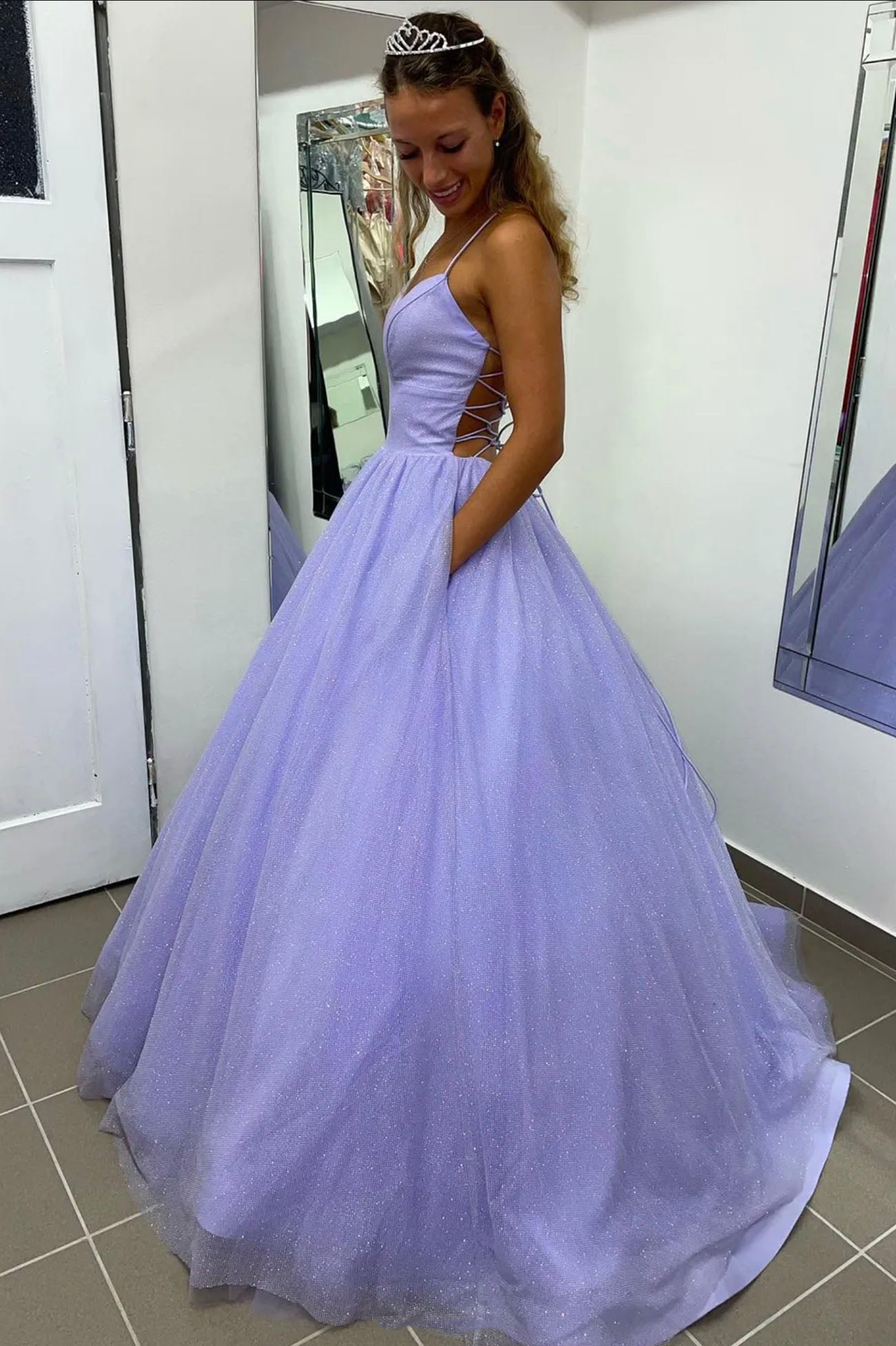 Purple Spaghetti Strap V-Neck Long Prom Dress, A-Line Backless Evening Dress