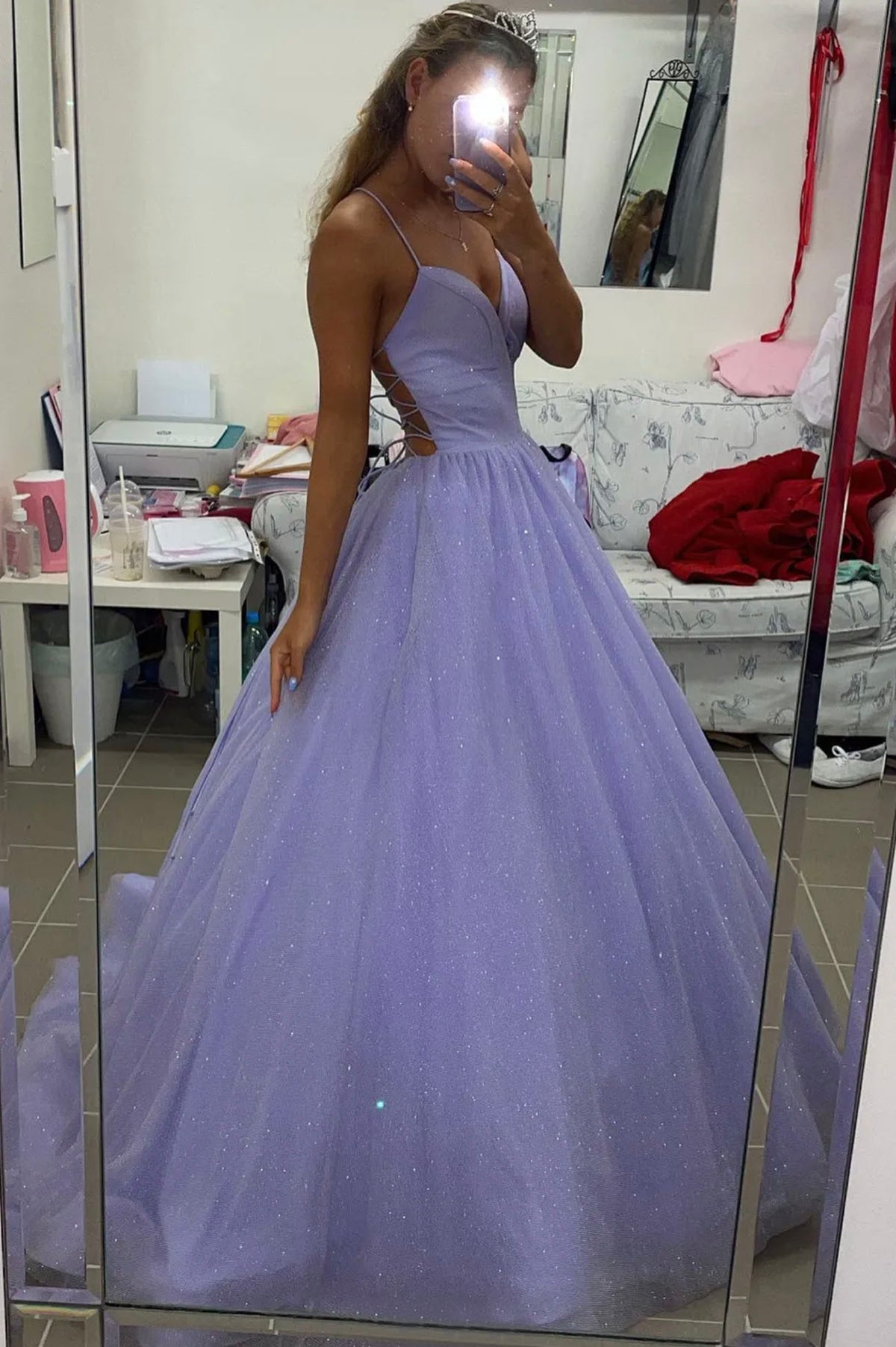 Purple Spaghetti Strap V-Neck Long Prom Dress, A-Line Backless Evening Dress