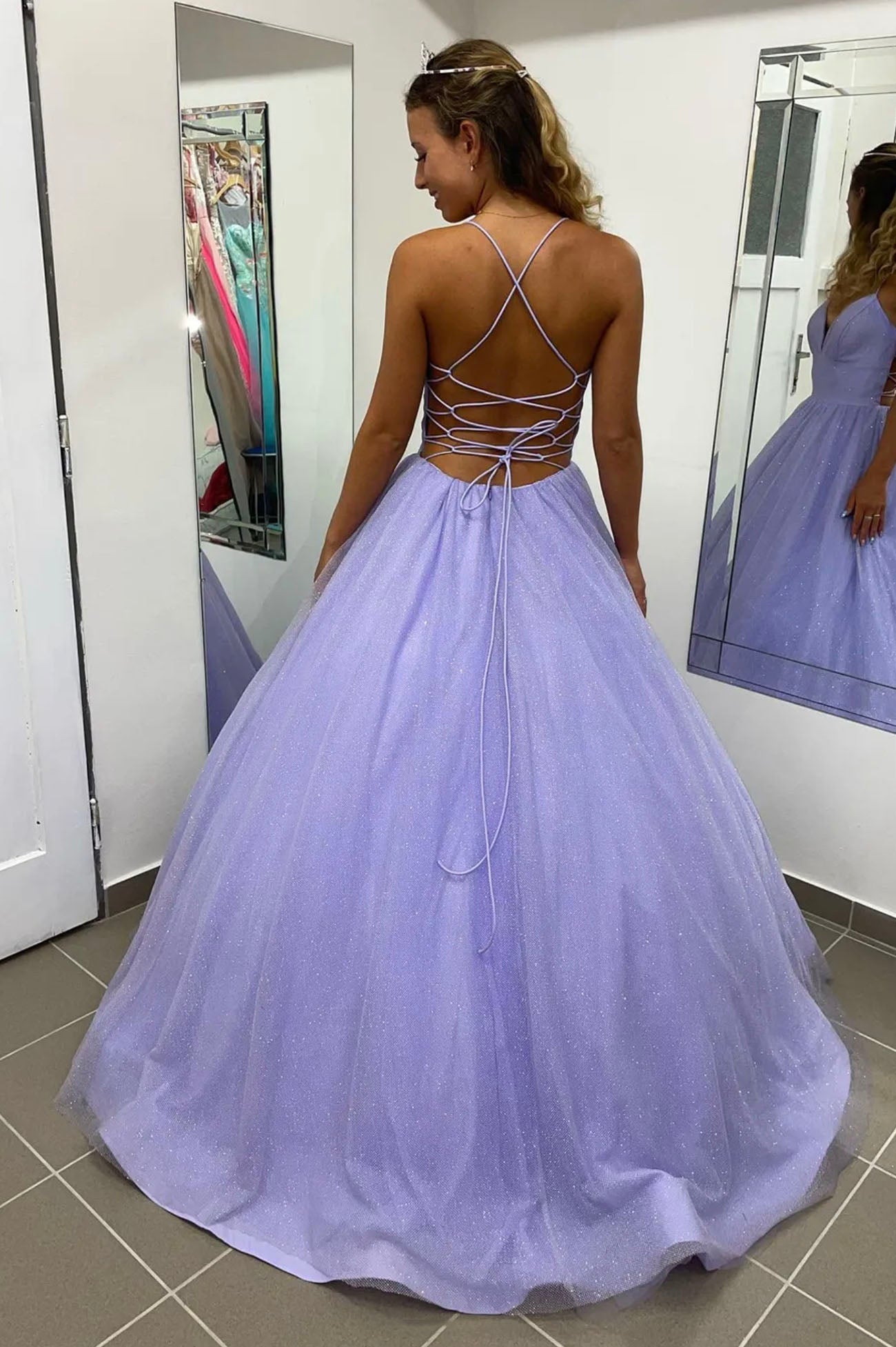 Sparkly Blue Prom Dresses 2024 High Slit Backless V-neck Tulle Evening –  Viniodress