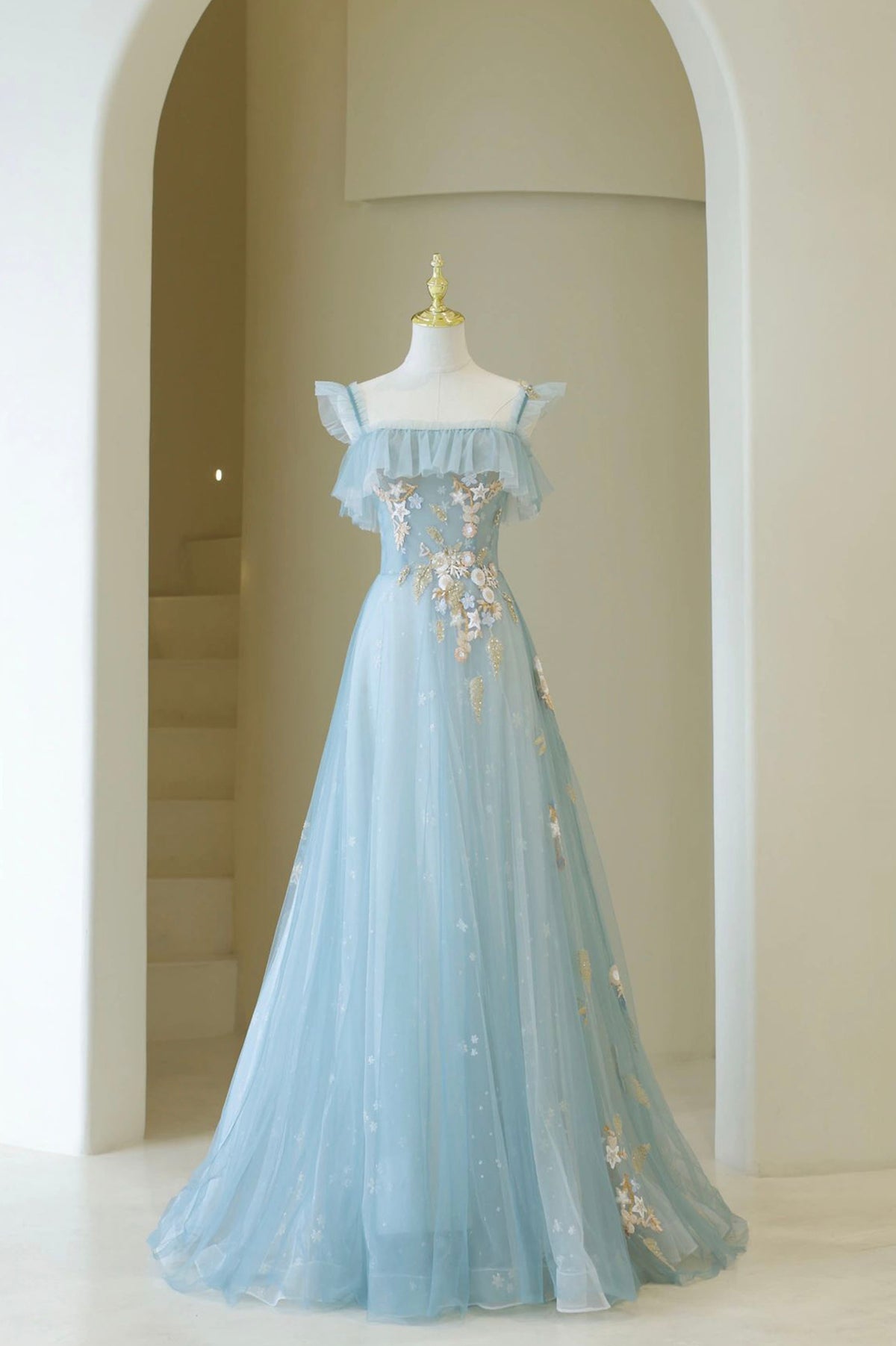 Blue Spaghetti Strap Lace Long Prom Dress, Cute A-Line Graduation Dress