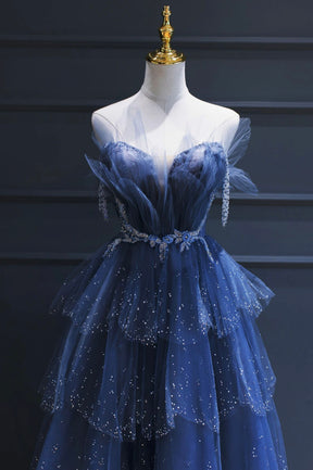 Blue Tulle Beaded Long Senior Prom Dress, A-Line Strapless Evening Party Dress