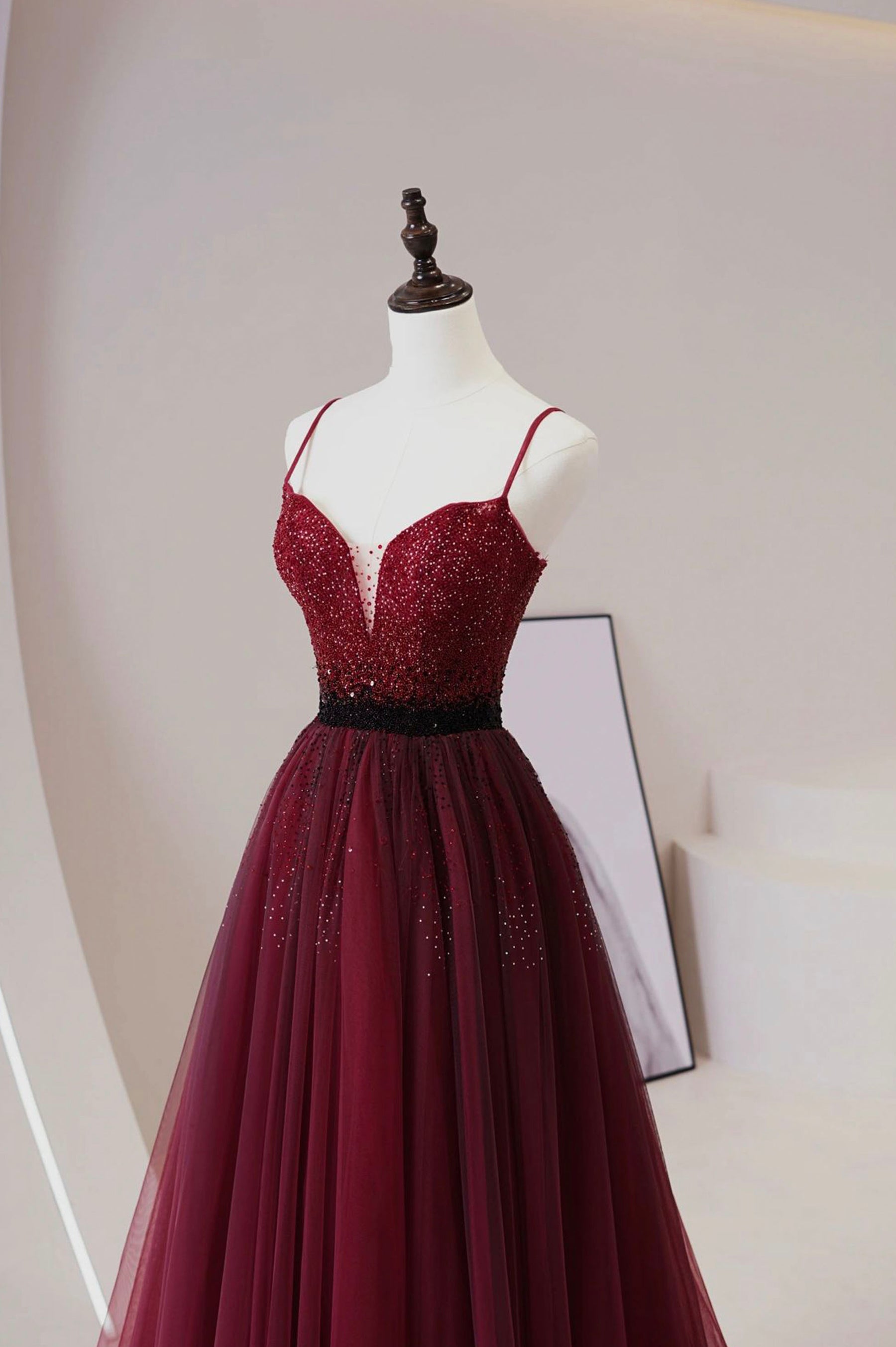 Burgundy Tulle Long Prom Dress with Beaded, Spaghetti Straps Evening Dress