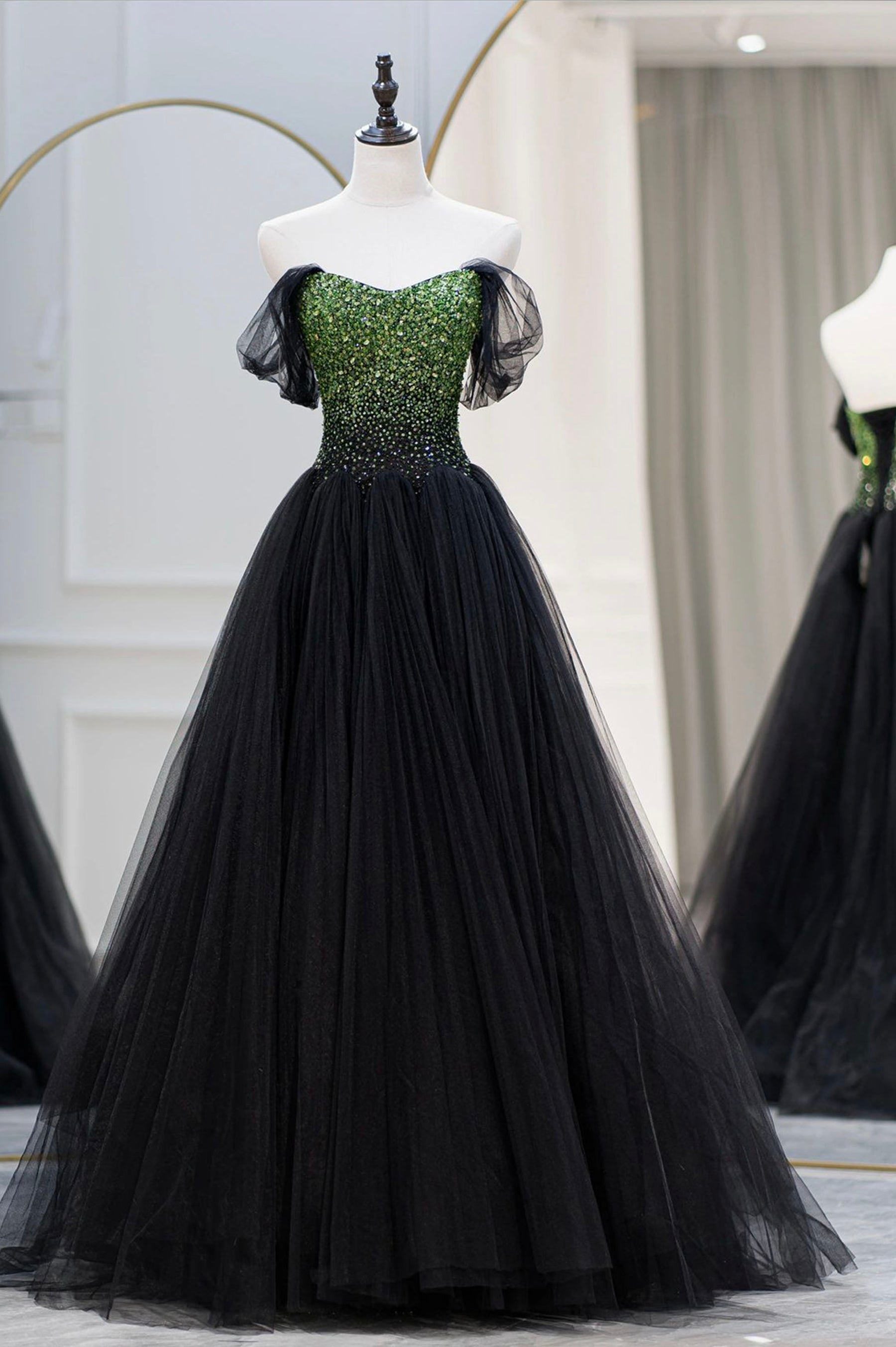 Black Tulle Long Prom Dress with Beaded, Off the Shoulder Formal Evening Dress